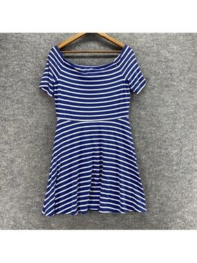 White House Black Market Striped Fit & Flare Dress Blue White Medium